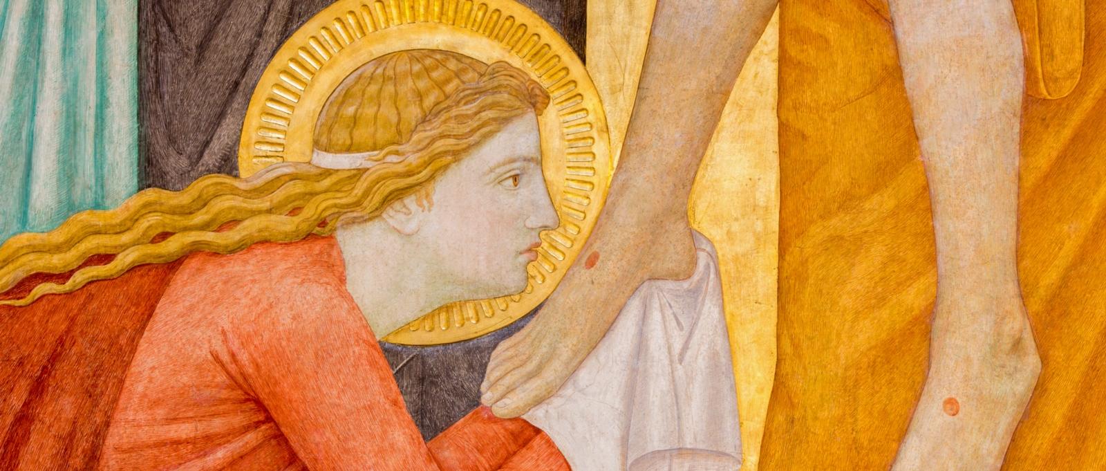 Hl. Maria Magdalena, Detail vom Johannes vom Kreuz-Altar v. P. Verkade (1927), Dobling. Wien. Nutzung nur durch den Bereich Medien und Kommunikation für Magazinartikel. Mary Magdalen. Detail from Deposition of the cross scene over st. John of the Cross side altar by P. Verkade (1927) in Carmelites church in Dobling. Wien.