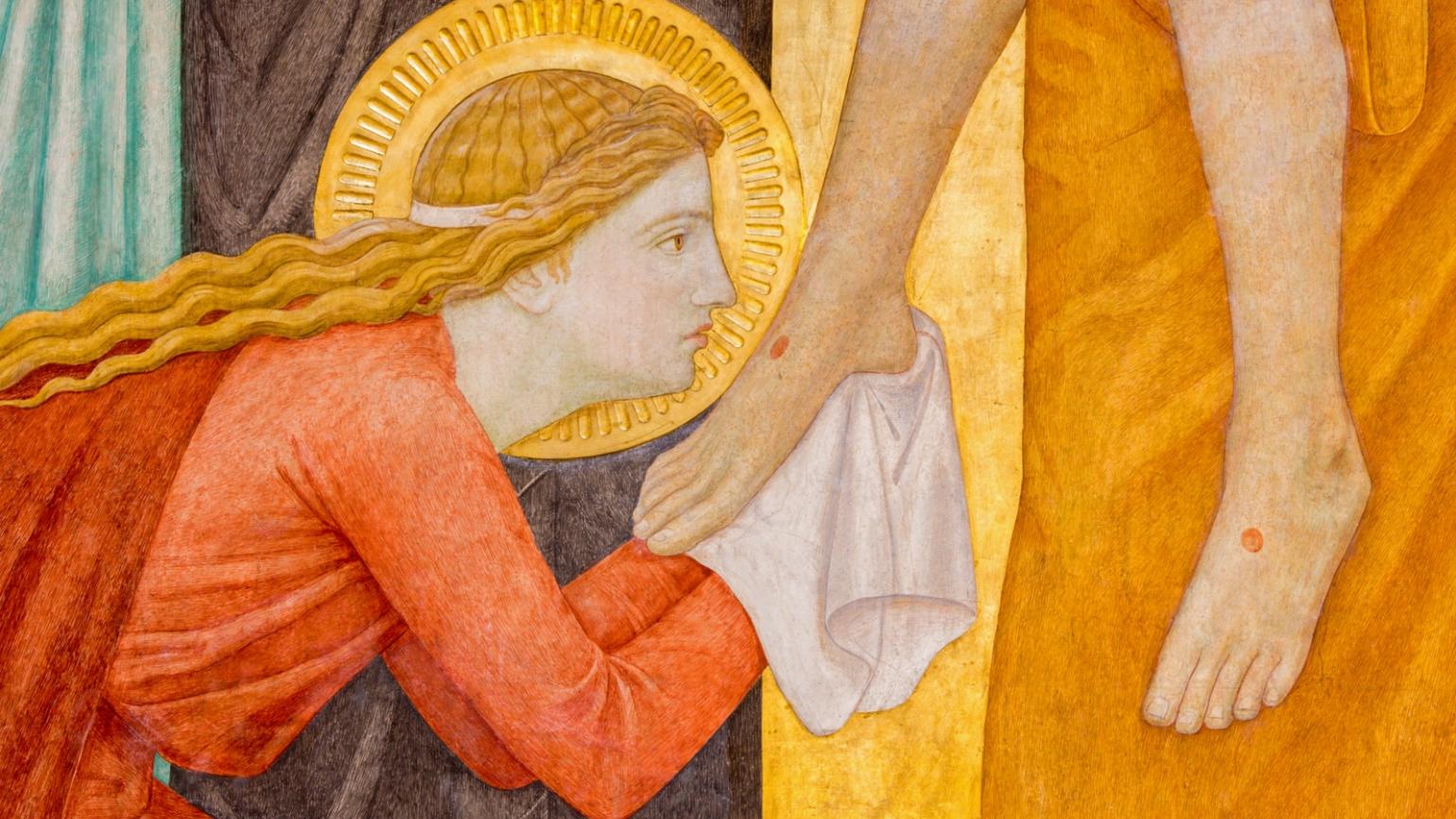 Nutzung nur durch den Bereich Medien und Kommunikation für Magazinartikel. Mary Magdalen. Detail from Deposition of the cross scene over st. John of the Cross side altar by P. Verkade (1927) in Carmelites church in Dobling. Wien.