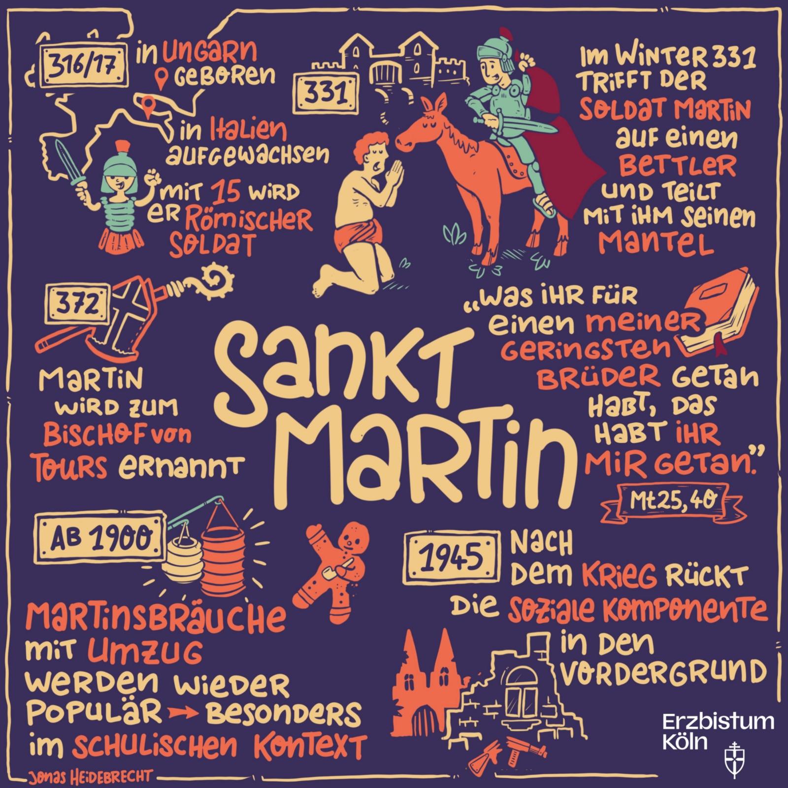 Martin von Tours, lateinisch Martinus (* um 316/317 in Savaria, römische Provinz Pannonia prima, heute Szombathely, Ungarn; † 8. November 397 in Candes bei Tours in Frankreich), war der Begründer des abendländischen Mönchtums und der dritte Bischof von Tours.  Er ist einer der bekanntesten Heiligen der katholischen Kirche und der erste, dem sie diese Würde nicht als Märtyrer, sondern als Bekenner zugesprochen hat.  Er wird auch in der orthodoxen, anglikanischen und evangelischen Kirche als Heiliger verehrt. Ex-Bild-DB-ID: 28803