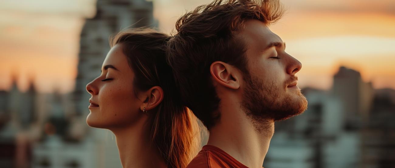 Couple in a relaxed state breathing fresh air with an urban backdrop (c) VIK - stock.adobe.com Couple in a relaxed state breathing fresh air with an urban backdrop