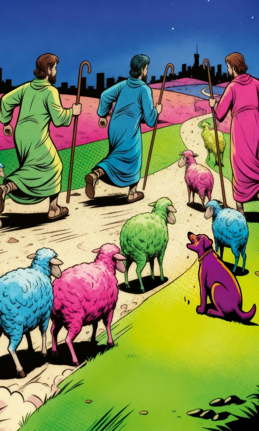 Comicszene: Die Hirten laufen nach Bethlehem