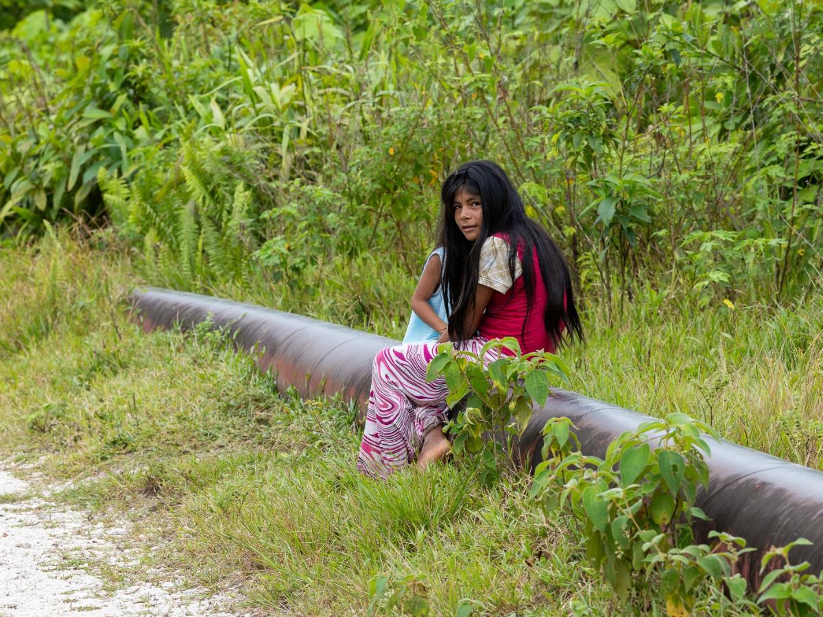Ein Foto von einem Mädchen, das auf einer Pipeline sitzt vor grünem Hintergrund.